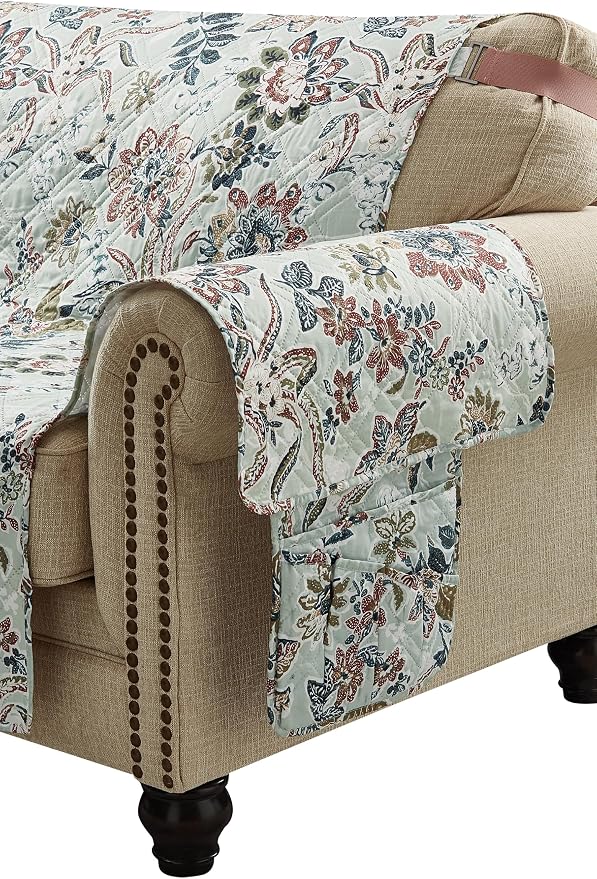 Brilliant Sunshine Green Vintage Beautiful Flowers Couch Armrest Organizer, Non Slip Armchair Caddy for Sofa Recliner, Washable Remote Control Holder, Storage for Magazine, Phone, iPad (35"×13")