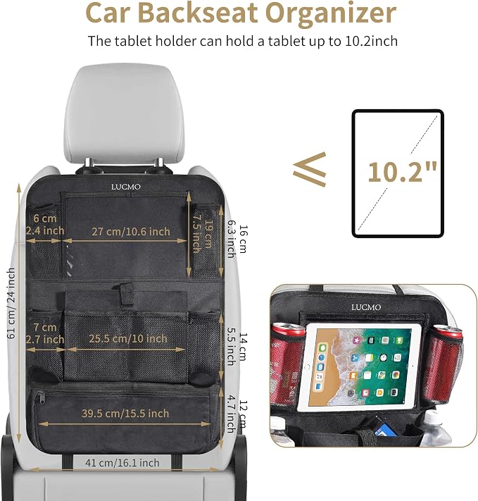 LUCMO Car Backseat Organizer with Touch Screen Tablet Holder-2 Pcs,9 Storage Pockets Car Storage Organizer, Protectors Kick Mats Travel Accessories for Kids-Black