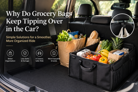 Grocery bags and a black trunk organizer filled with food in a car, with an inset showing a headrest bag hook.