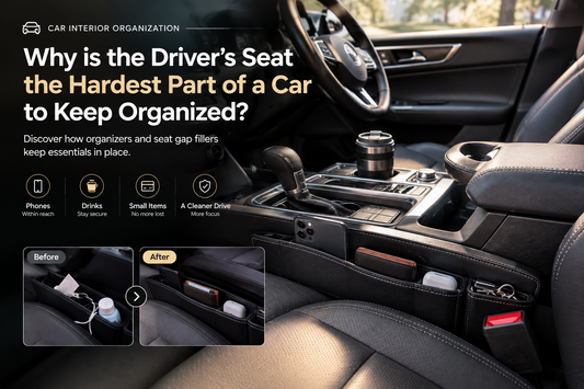 Car seat gap organizer holding a phone, wallet, earbuds and keys beside the center console, with before-and-after views.