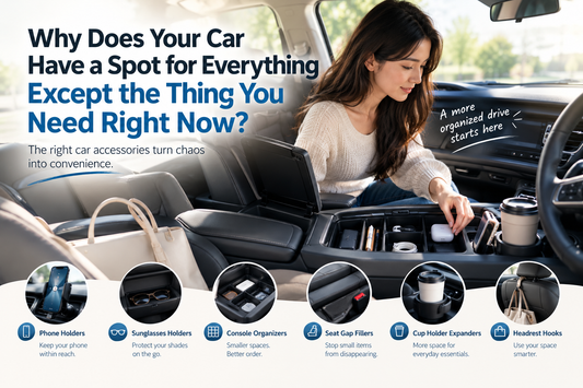 Cluttered car interior with items scattered across console and seats, showing the need for car organization