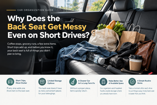 Car organization guide showing grocery bags, a jacket, a water bottle, and a coffee cup cluttering a back seat.