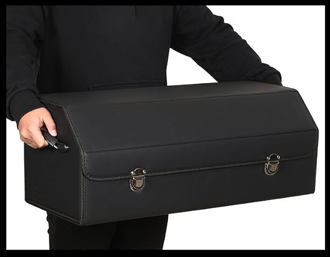 Leather Storage Box Car Trunk Organizer for Trunk SUV Sedan, Leather Foldable Storage Box with Lid (Black 14.9" L*12.2" W*11.8" H)