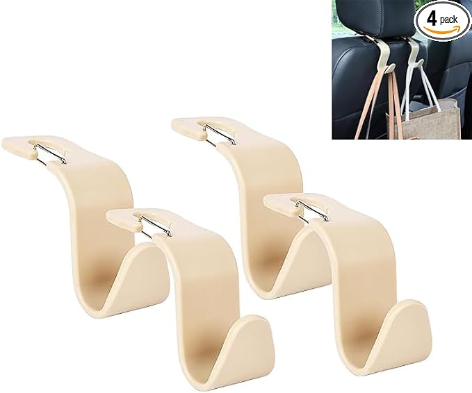 4-Pack 360° Rotating Car Headrest Hooks Vehicle Storage Organizer for Purses Handbags Groceries Coats – Holds 55lbs Simple Design with Clip Beige