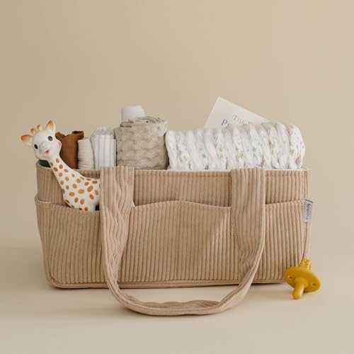 PUTSKA Baby Diaper Caddy Organizer for Changing Table – Stylish Nursery Storage Basket, Newborn Essentials, Baby Shower Gifts and Registry Must-Haves for Boy or Girl, Car Diaper Caddy, Corduroy Mocha