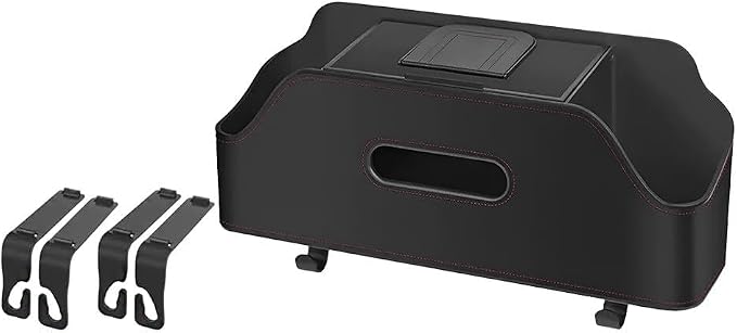 Car Backseat Headrest Organizer, Multifunctional 4-in-1 Back Seat Tissue Box with Cup Holders Hooks, Auto Seat Back Storage Organizer for Hold Phones, Drinks, Bags, Universal Fit (Black)