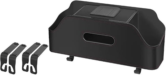 Car Backseat Headrest Organizer, Multifunctional 4-in-1 Back Seat Tissue Box with Cup Holders Hooks, Auto Seat Back Storage Organizer for Hold Phones, Drinks, Bags, Universal Fit (Black)