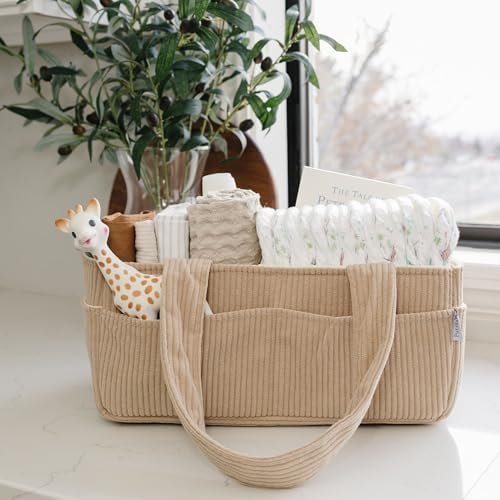 PUTSKA Baby Diaper Caddy Organizer for Changing Table – Stylish Nursery Storage Basket, Newborn Essentials, Baby Shower Gifts and Registry Must-Haves for Boy or Girl, Car Diaper Caddy, Corduroy Mocha