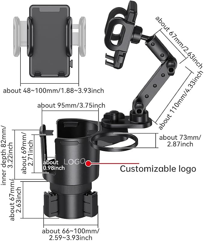 Car Phone Holder with Cup Holder Mount, 2 in 1 Universal Cup Holder Expander Adjustable Base with Phone Mount, Long Adjustable Arm with 360°Rotation Cup Holder ，Compatible with All Smartphones，Black