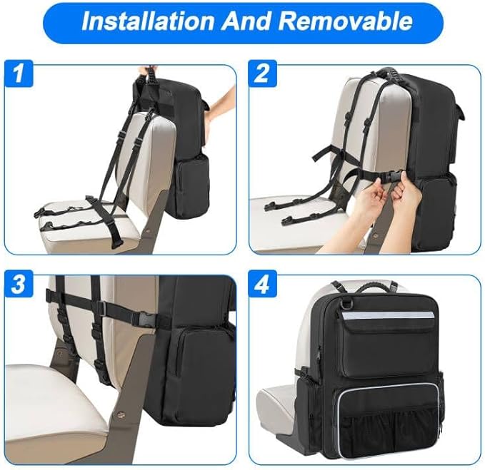GRAOSO Boat Organizers and Storage, Boat Back Seat Carrying Bag with Rubber Handle and Adjustable Back Belt, Multiple Pockets for Boat Accessories, Black