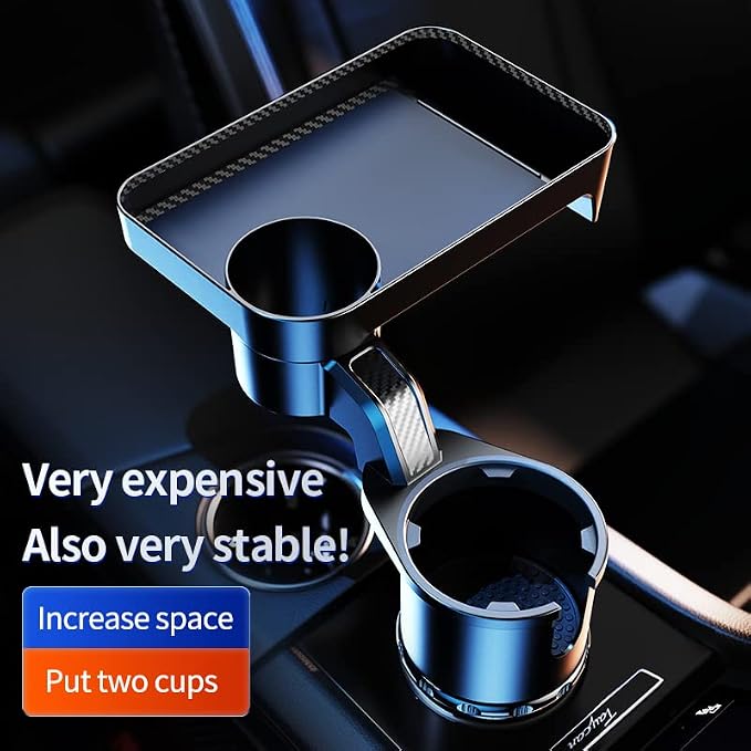 Car Cup Holder Tray, 2 in 1 Cup Holder Expander Car Food Table Tray with Adjustable Base, 360° Rotate Car Tray for Eating, Detachable Car Table Fits Yeti, Hydro Flask 16-46 oz