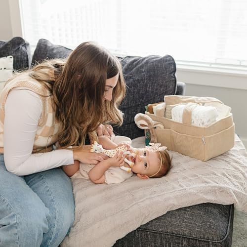 PUTSKA Baby Diaper Caddy Organizer for Changing Table – Stylish Nursery Storage Basket, Newborn Essentials, Baby Shower Gifts and Registry Must-Haves for Boy or Girl, Car Diaper Caddy, Corduroy Mocha