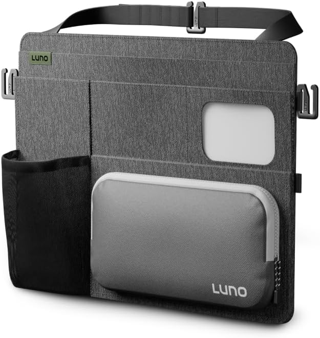 Luno Backseat Car Organizers - Travel Organizer for Road Trip Essentials w/iPad Holder, Snap-On Pouch, Bottle Slot & G-Hooks for Road Trip & Camping - Seat Protector & Organizer Fits All SUVs & Cars