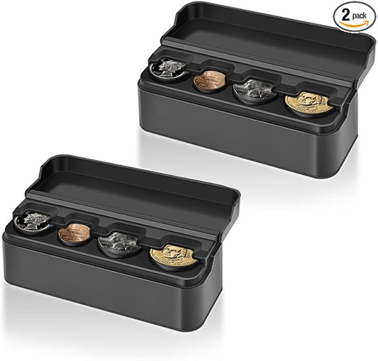 Compact Coin Holder for Car - 4 Compartment&Automatically Holds Coins Coin Organizer(1 Dollar,Quarter,Dimes) - Universal Center Console Coin Case for Car Taxi SUV Truck(2Pack) (2 Pack)