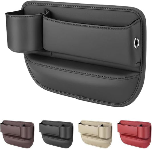 2026 Upgrade Car Storage Box with Cup Holder, Leather Cup Holder Gap Bag,Seat Storage Box Gap Filler Organizer for Glasses Phone Keys and Cards (Brown, Passenger Seat) (Passenger Seat+Black)