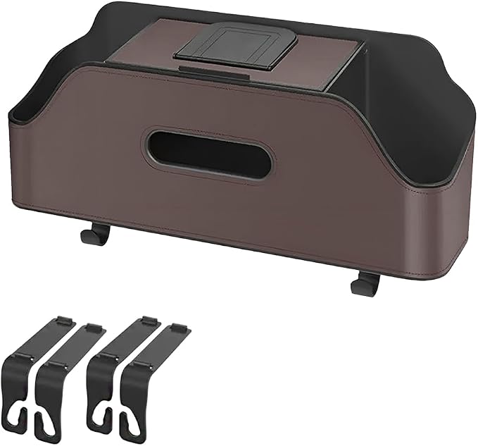 Car Backseat Headrest Organizer, Multifunctional 4-in-1 Back Seat Tissue Box with Cup Holders Hooks, Auto Seat Back Storage Organizer for Hold Phones, Drinks, Bags, Universal Fit (Brown)