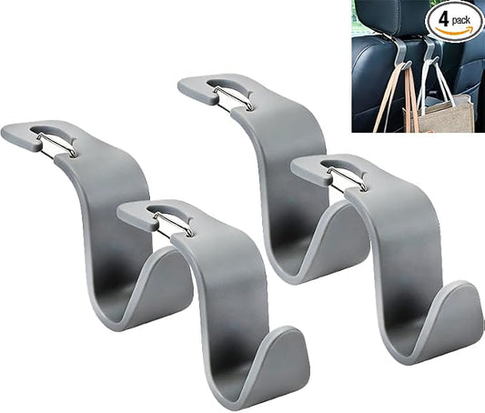 4-Pack 360° Rotating Car Seat Headrest Hook 4 Pack Hanger Universal Vehicle Car Storage Organizer for Handbag Purse Coat with Clip Gray