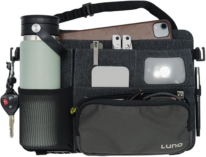 Luno Backseat Car Organizers - Travel Organizer for Road Trip Essentials w/iPad Holder, Snap-On Pouch, Bottle Slot & G-Hooks for Road Trip & Camping - Seat Protector & Organizer Fits All SUVs & Cars
