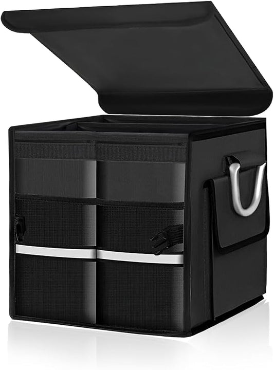 Trunk Organizer with Lid, 28L Collapsible Cargo Organizer with Aluminum Handles & Reflective Strip, Multi-Purpose Waterproof Oxford Storage Box for Cars Trucks SUVs Minivans (Black)