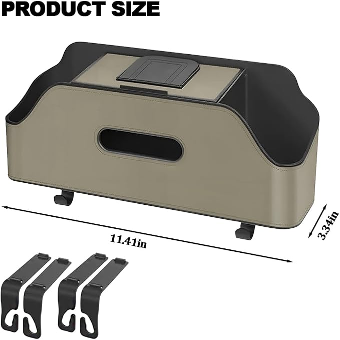 Car Backseat Headrest Organizer, Multifunctional 4-in-1 Back Seat Tissue Box with Cup Holders Hooks, Auto Seat Back Storage Organizer for Hold Phones, Drinks, Bags, Universal Fit (Beige)