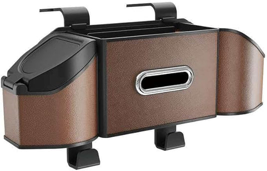 Car Back Seat Organizer, Car Tissue Holder, Cup Holder for Car - 2026 Upgrade 4-in-1 Leather Organizer & Storage Box for Phone, Snacks, Drinks, Handbag, Keep Your Ride Clean, Brown
