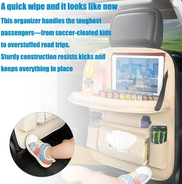 YiYang Car Back Seat Organizer with Foldable Tray, Multi-Pocket Storage, Tablet Holder, Cup Holders (2, Beige)
