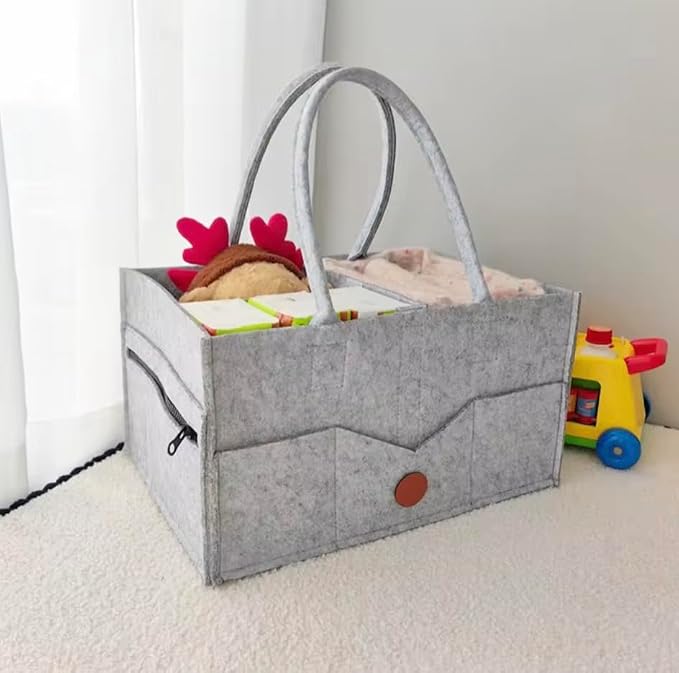 Baby Diaper Caddy Organizer, Portable Felt Nursery Storage Basket with Handles and Removable Dividers, Gray