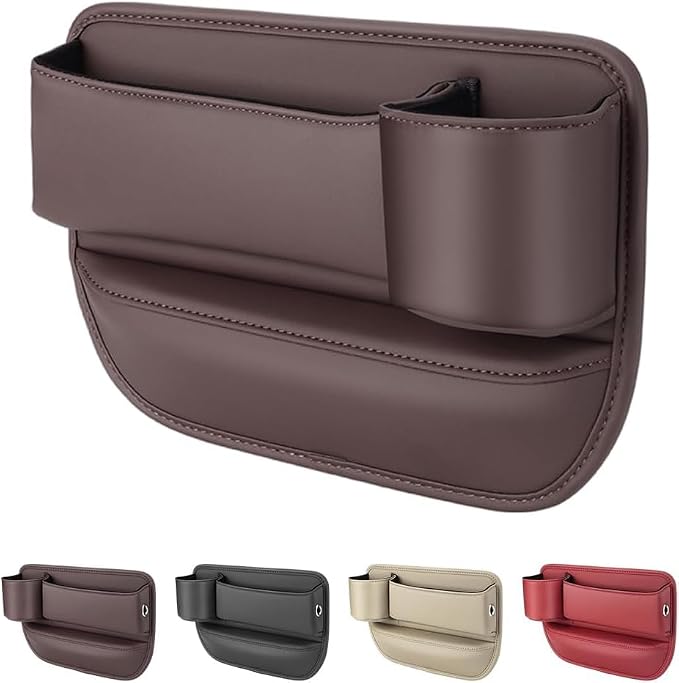 2026 Upgrade Car Storage Box with Cup Holder, Leather Cup Holder Gap Bag,Seat Storage Box Gap Filler Organizer for Glasses Phone Keys and Cards (Brown, Passenger Seat) (Browm)