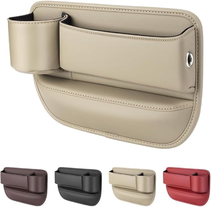 2026 Upgrade Car Storage Box with Cup Holder, Leather Cup Holder Gap Bag,Seat Storage Box Gap Filler Organizer for Glasses Phone Keys and Cards (Brown, Passenger Seat) (Beige)