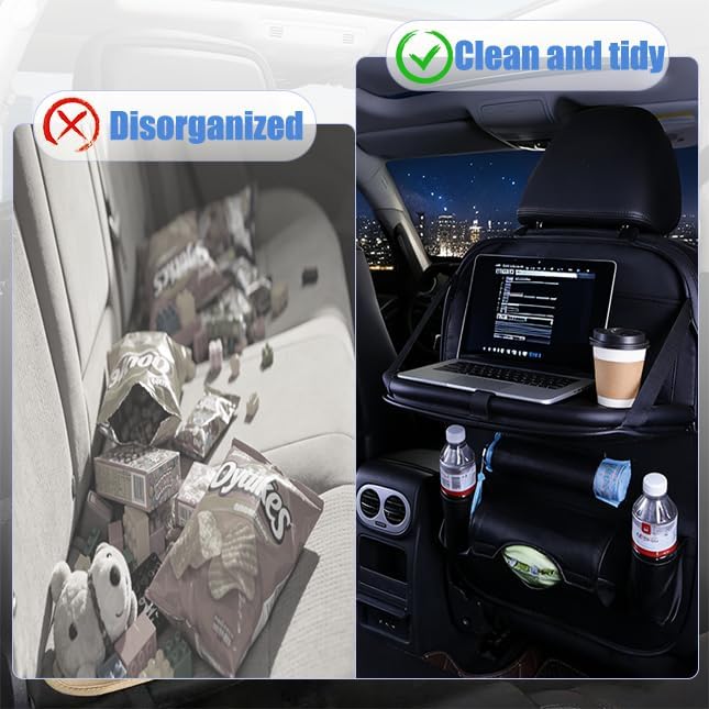 YiYang Car Back Seat Organizer with Foldable Tray, Multi-Pocket Storage, Tablet Holder, Cup Holders (2, Black)