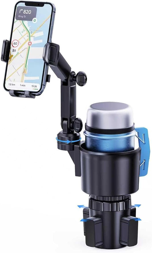 Cup Phone Holder for Car, 2 in 1 Universal Cup Holder Expander with Adjustable Base & Removable Long Arm, 360° Rotation Phone Mount for Car & Truck - Compatible with All Smartphones