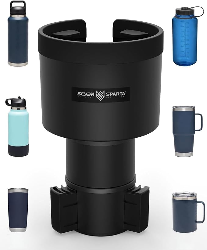 Seven Sparta Car Cup Holder Expander (Long Base), Adjustable Expandable Offset Extender, Compatible with Hydro Flasks 32/40 oz, Yeti 20/26/30oz, Owala 24/40oz and Large Bottles in 3.4"-3.8" (Black)