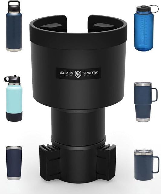Seven Sparta Car Cup Holder Expander (Long Base), Adjustable Expandable Offset Extender, Compatible with Hydro Flasks 32/40 oz, Yeti 20/26/30oz, Owala 24/40oz and Large Bottles in 3.4"-3.8" (Black)