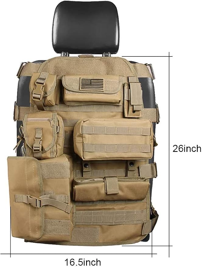 SUNPIE Upgrade Larger Seat Protector Universal Fit Tactical Seat Cover for Trucks Pickup SUV, Compatible with JL/JT, JK, TJ, Compatible with F150 Multi Pockets Molle Seat Back Organizer-Beige