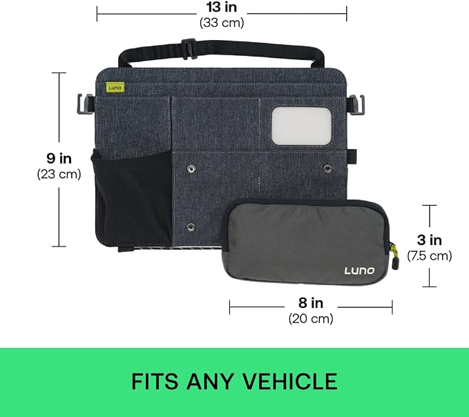 Luno Backseat Car Organizers - Travel Organizer for Road Trip Essentials w/iPad Holder, Snap-On Pouch, Bottle Slot & G-Hooks for Road Trip & Camping - Seat Protector & Organizer Fits All SUVs & Cars