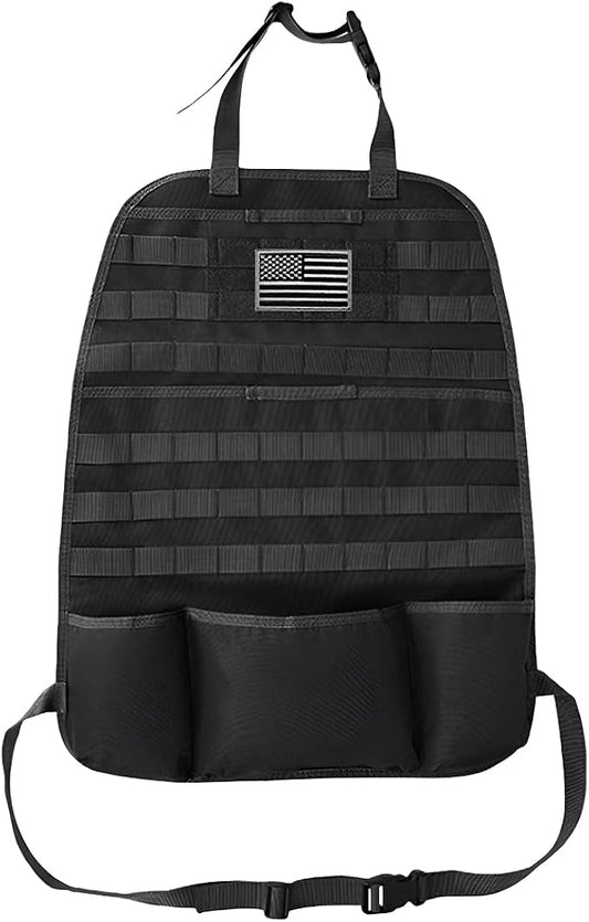 Tactical Molle Car Seat Back Organizer, Vehicle Panel Car Seat Back Cover Protector with 5 Storage Pouch, Universal Backseat Storage Organizer with USA Flag Patch for Car SUV Truck MPV (Black-1 Pc)