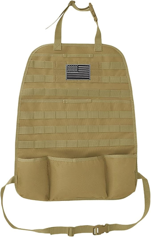 Tactical Molle Car Seat Back Organizer, Vehicle Panel Car Seat Back Cover Protector with 5 Storage Pouch, Universal Backseat Storage Organizer with USA Flag Patch for Car SUV Truck (Khaki-1 Pc)