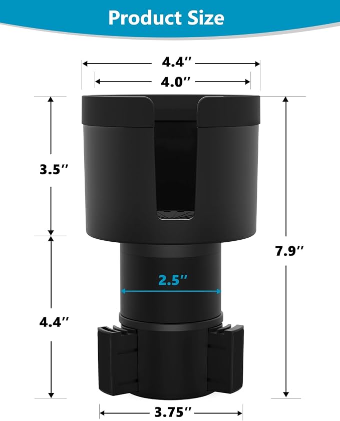 Seven Sparta Car Cup Holder Expander (Long Base), Adjustable Expandable Offset Extender, Compatible with Hydro Flasks 32/40 oz, Yeti 20/26/30oz, Owala 24/40oz and Large Bottles in 3.4"-3.8" (Black)