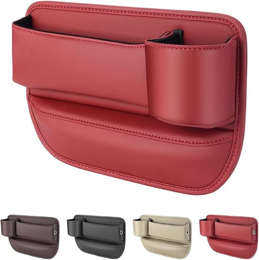 2026 Upgrade Car Storage Box with Cup Holder, Leather Cup Holder Gap Bag,Seat Storage Box Gap Filler Organizer for Glasses Phone Keys and Cards (Brown, Passenger Seat) (Passenger Seat+Red)