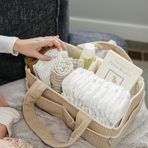PUTSKA Baby Diaper Caddy Organizer for Changing Table – Stylish Nursery Storage Basket, Newborn Essentials, Baby Shower Gifts and Registry Must-Haves for Boy or Girl, Car Diaper Caddy, Corduroy Mocha