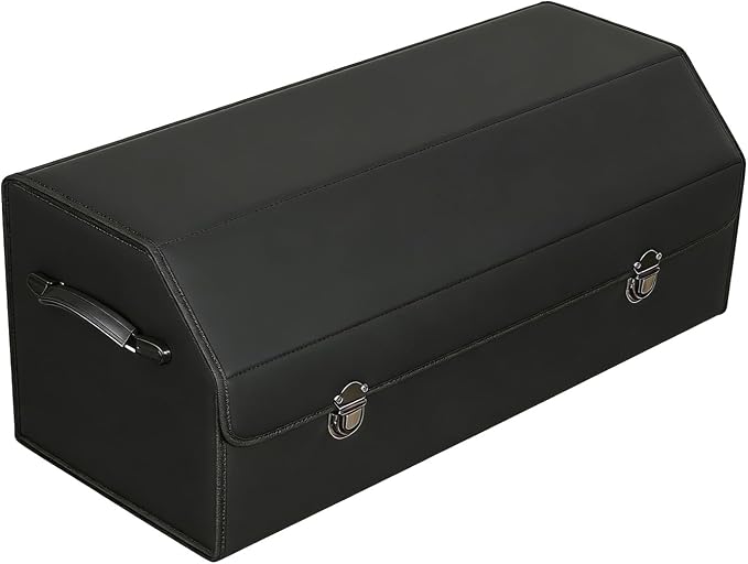 Leather Storage Box Car Trunk Organizer for Trunk SUV Sedan, Leather Foldable Storage Box with Lid (Black 29.5" L*12.2" W*11.8" H)