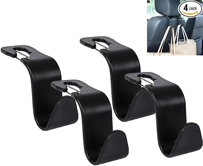 4-Pack 360° Rotating Car Headrest Hooks Vehicle Storage Organizer for Purses Handbags Groceries Backpack Coats – Holds 55lbs Universal Fit with Clip Black