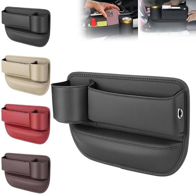 2026 Upgrade Car Storage Box with Cup Holder, Leather Cup Holder Gap Bag,Seat Storage Box Gap Filler Organizer for Glasses Phone Keys and Cards (Brown, Passenger Seat) (Browm)