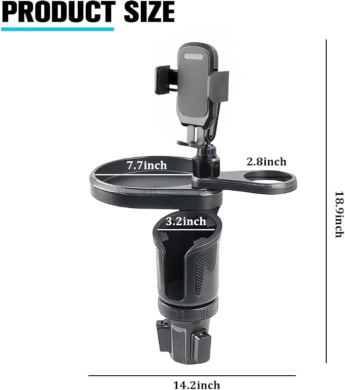 Car Cup Holder Tray, 3 in 1 Multifunctional Vehicle Food Water Bottle Phone Holder Expander Adapter with Adjustable Base, Detachable Auto Interior Food Tray Table, Universal Fit (Black)