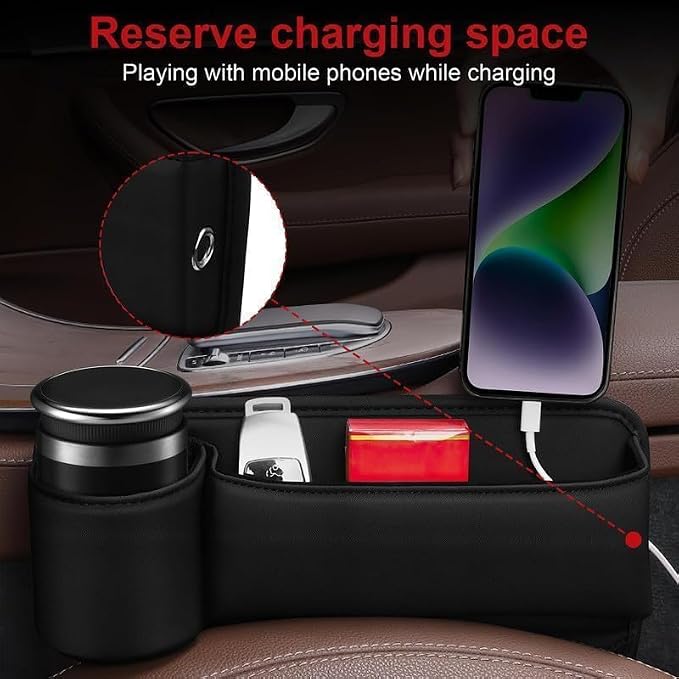 2026 Upgrade Car Storage Box with Cup Holder, Leather Cup Holder Gap Bag,Seat Storage Box Gap Filler Organizer for Glasses Phone Keys and Cards (Brown, Passenger Seat) (Passenger Seat+Beigh)