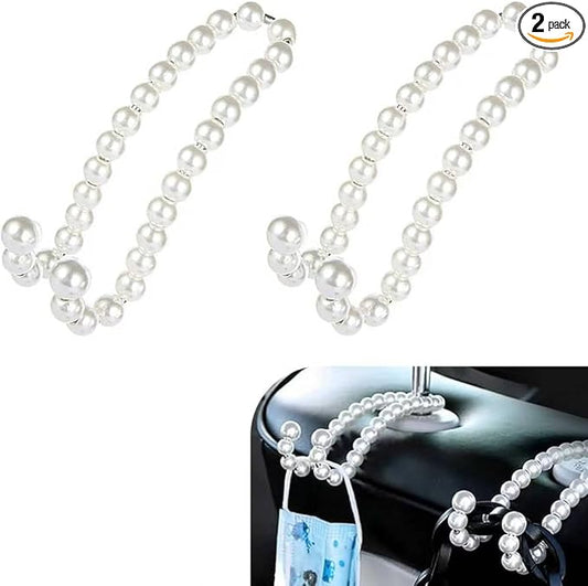 2 PCS Car Seat Headrest Hooks, Cute Pearl Car Purse Hook, Stainless Steel Auto Seat Backrest Storage Hook, Universal Automotive Interior Organizer Accessories for Women Girls (White)