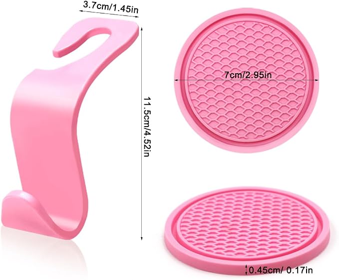 8 pcs Pink Car Seat Accessories Set, 4 Car Seat Hooks and 4 Cup Coasters, Passenger Princess Car Accessories, Pink Accessories, for Car Interiors, Coasters and Seat Hooks