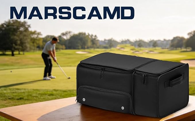 Marscamd Golf Organizer for Car Trunk with Cooler, Anti-Sag Design, Ventilated Shoe Compartment, 2-Layer Storage Bag for Golf Accessories, Fits SUVs & Sedans - Black