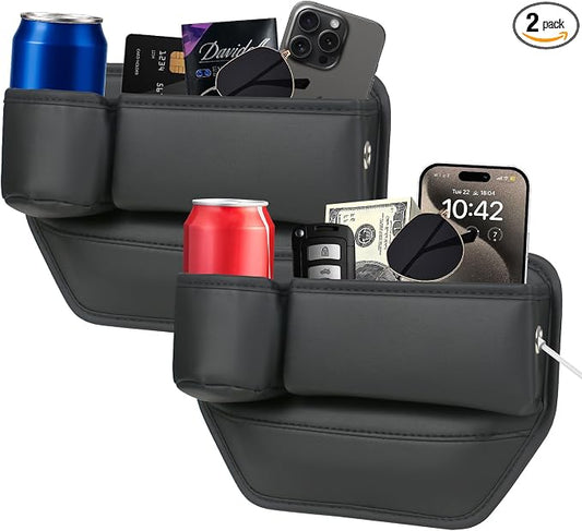 TPQKA Car Seat Gap Filler with Cup Holder (2-Pack) for Driver & Passenger Side, PU Leather Seat Gap Plug Organizer for Phones Keys Cards, Universal Fit for Cars SUVs Trucks, Black
