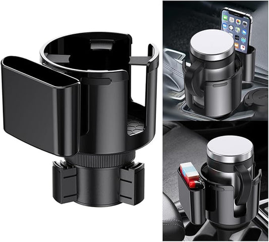 2-in-1 Car Cup Holder Expander with Phone Holder, 2.6“-3.93” Vehicle Cupholder Extender Adapter with Adjustable Base, Universal Multifunctional Auto Insert Drink Holder Expander
